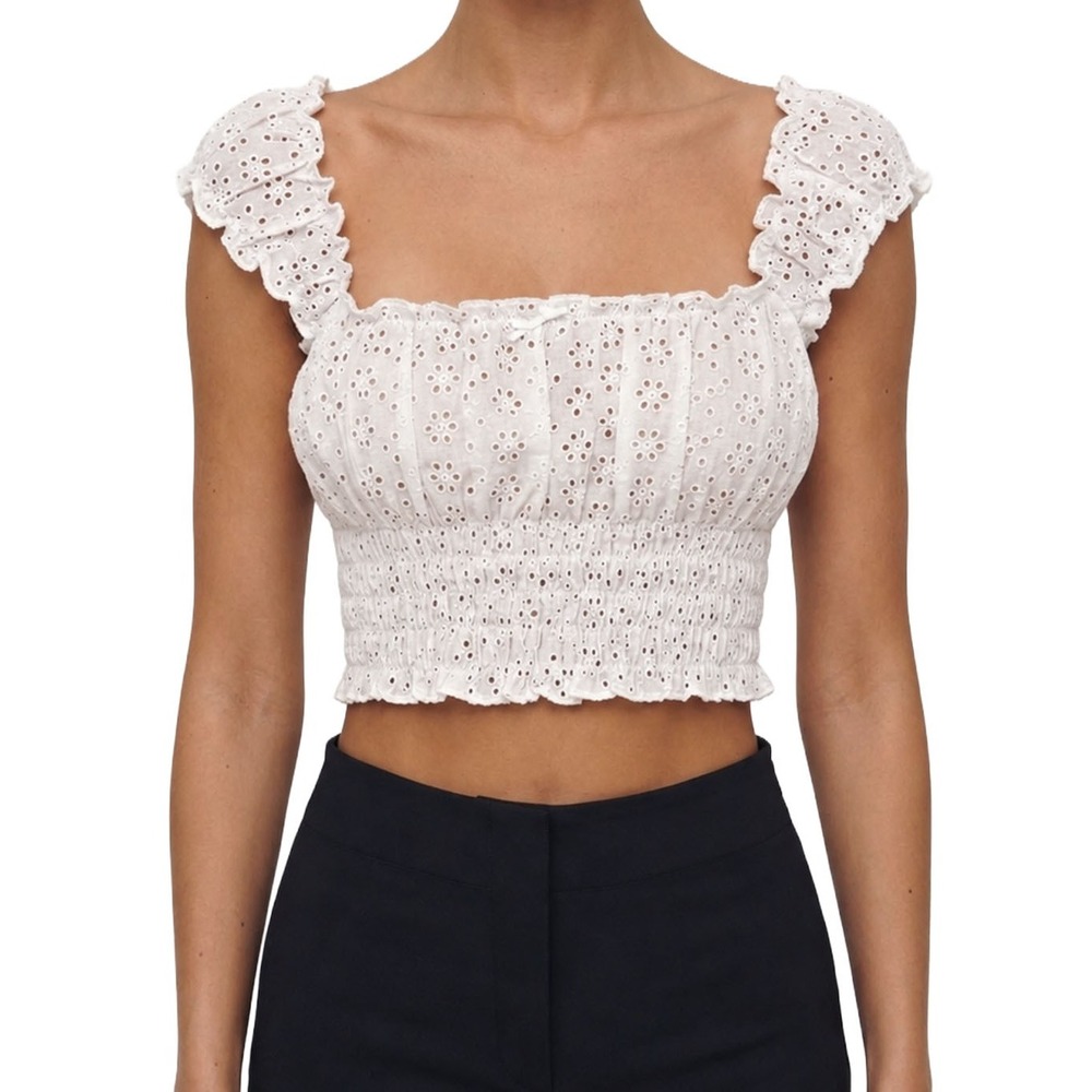 Reformation Emberly Top White Eyelet Smocked Cropped Ruffle XS